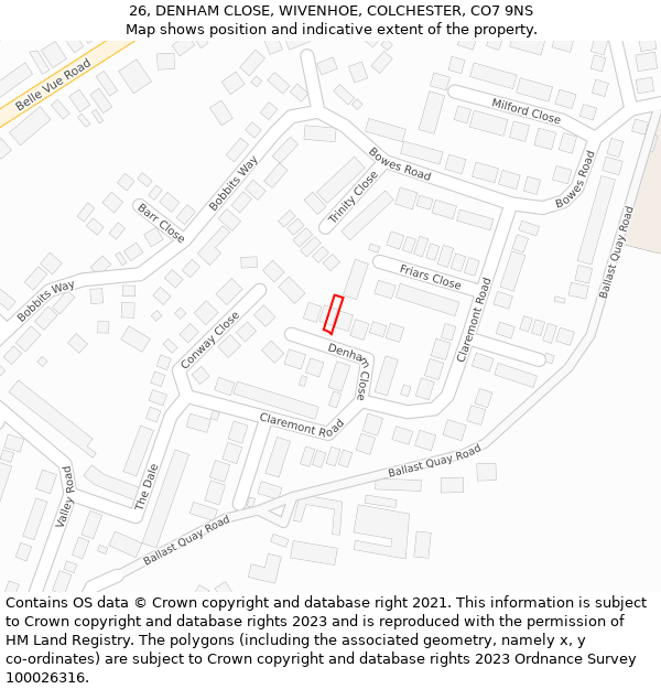 26, DENHAM CLOSE, WIVENHOE, COLCHESTER, CO7 9NS: Location map and indicative extent of plot