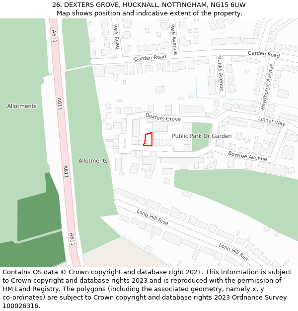 26, DEXTERS GROVE, HUCKNALL, NOTTINGHAM, NG15 6UW: Location map and indicative extent of plot