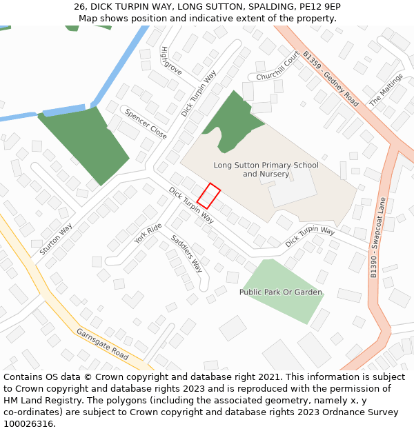 26, DICK TURPIN WAY, LONG SUTTON, SPALDING, PE12 9EP: Location map and indicative extent of plot