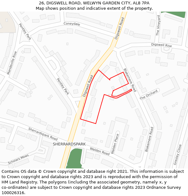 26, DIGSWELL ROAD, WELWYN GARDEN CITY, AL8 7PA: Location map and indicative extent of plot