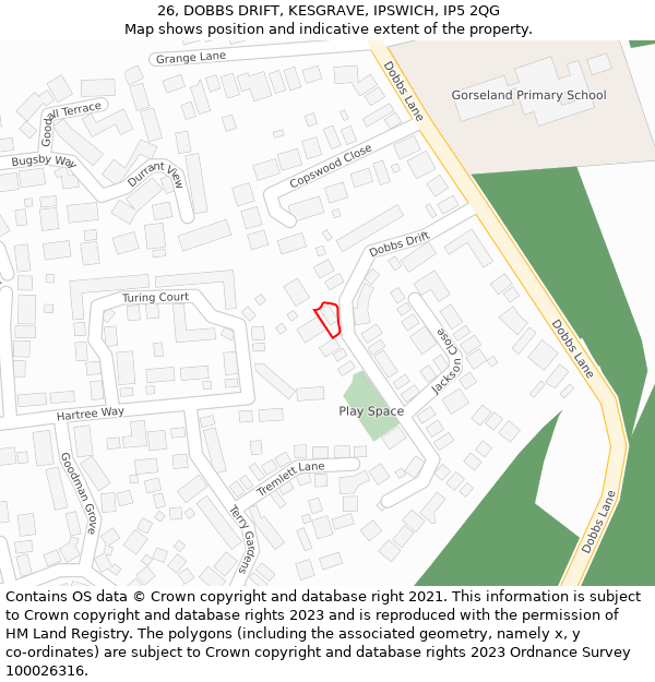 26, DOBBS DRIFT, KESGRAVE, IPSWICH, IP5 2QG: Location map and indicative extent of plot