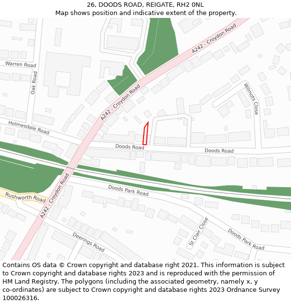 26, DOODS ROAD, REIGATE, RH2 0NL: Location map and indicative extent of plot