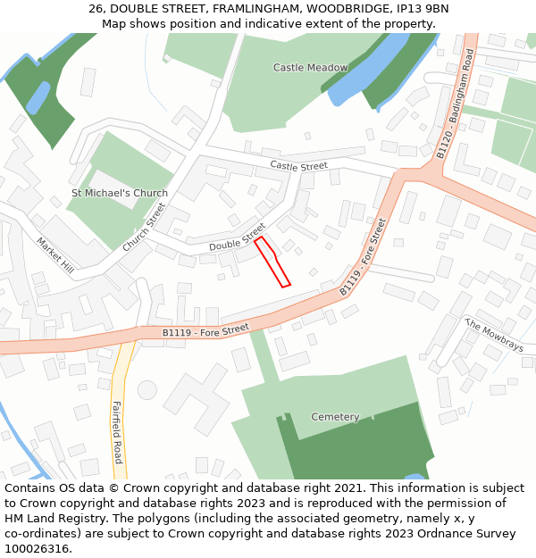 26, DOUBLE STREET, FRAMLINGHAM, WOODBRIDGE, IP13 9BN: Location map and indicative extent of plot