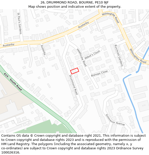 26, DRUMMOND ROAD, BOURNE, PE10 9JF: Location map and indicative extent of plot