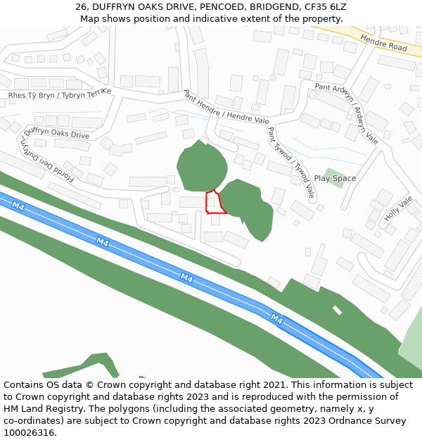 26, DUFFRYN OAKS DRIVE, PENCOED, BRIDGEND, CF35 6LZ: Location map and indicative extent of plot