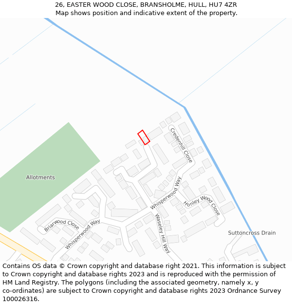 26, EASTER WOOD CLOSE, BRANSHOLME, HULL, HU7 4ZR: Location map and indicative extent of plot