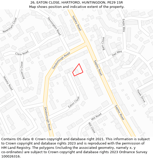 26, EATON CLOSE, HARTFORD, HUNTINGDON, PE29 1SR: Location map and indicative extent of plot