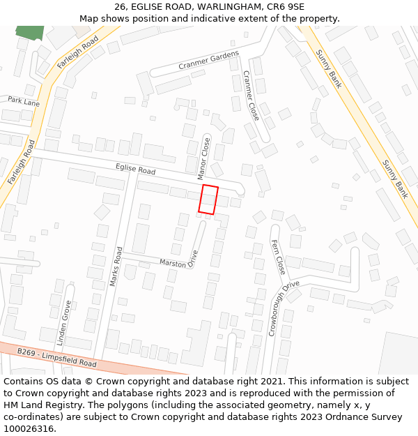 26, EGLISE ROAD, WARLINGHAM, CR6 9SE: Location map and indicative extent of plot