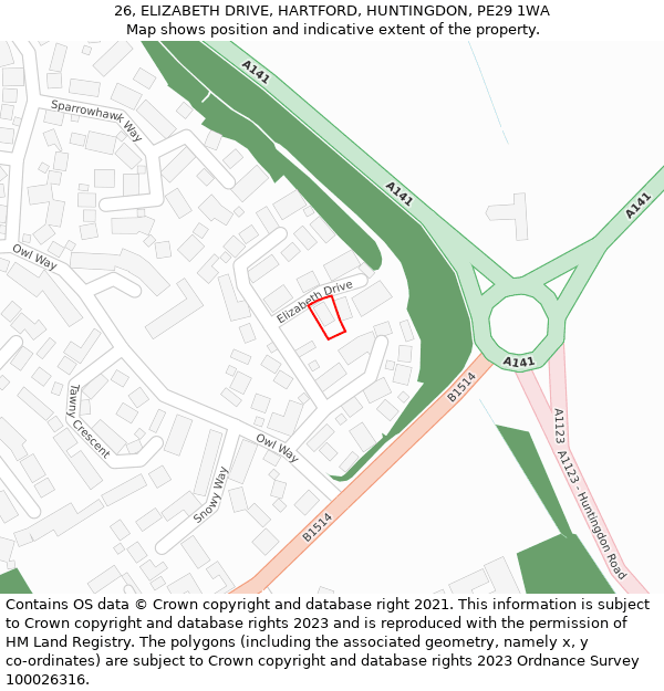 26, ELIZABETH DRIVE, HARTFORD, HUNTINGDON, PE29 1WA: Location map and indicative extent of plot