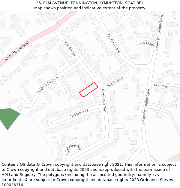 26, ELM AVENUE, PENNINGTON, LYMINGTON, SO41 8BL: Location map and indicative extent of plot