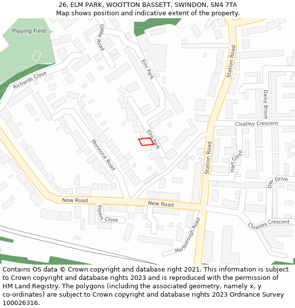 26, ELM PARK, WOOTTON BASSETT, SWINDON, SN4 7TA: Location map and indicative extent of plot