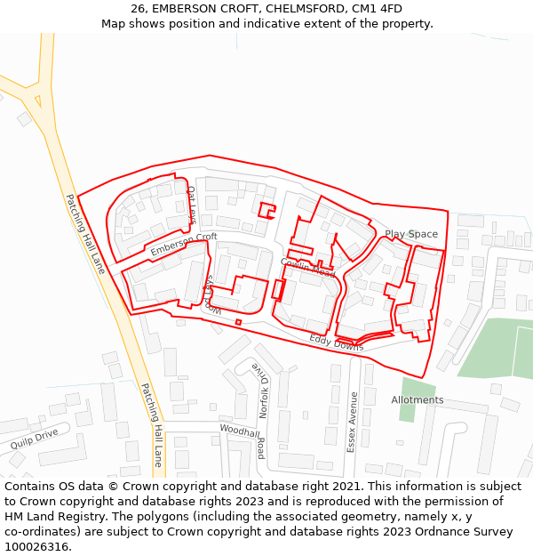 26, EMBERSON CROFT, CHELMSFORD, CM1 4FD: Location map and indicative extent of plot