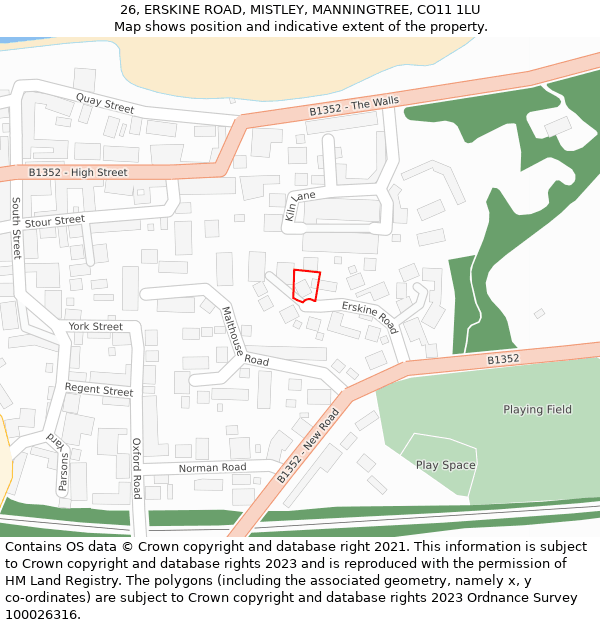 26, ERSKINE ROAD, MISTLEY, MANNINGTREE, CO11 1LU: Location map and indicative extent of plot