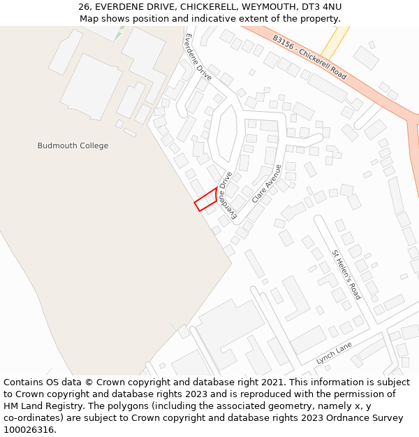 26, EVERDENE DRIVE, CHICKERELL, WEYMOUTH, DT3 4NU: Location map and indicative extent of plot