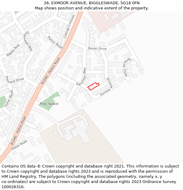 26, EXMOOR AVENUE, BIGGLESWADE, SG18 0FN: Location map and indicative extent of plot