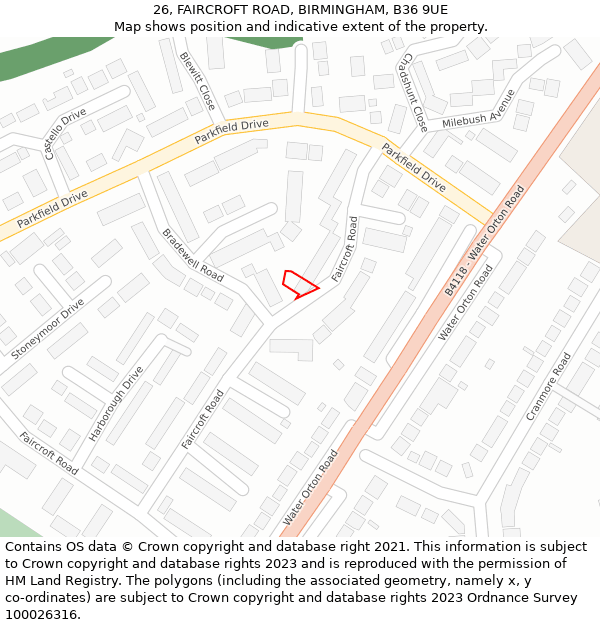 26, FAIRCROFT ROAD, BIRMINGHAM, B36 9UE: Location map and indicative extent of plot