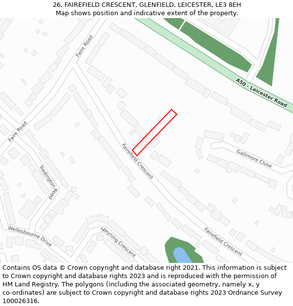 26, FAIREFIELD CRESCENT, GLENFIELD, LEICESTER, LE3 8EH: Location map and indicative extent of plot