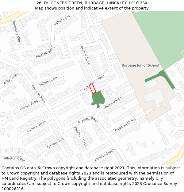 26, FALCONERS GREEN, BURBAGE, HINCKLEY, LE10 2SX: Location map and indicative extent of plot