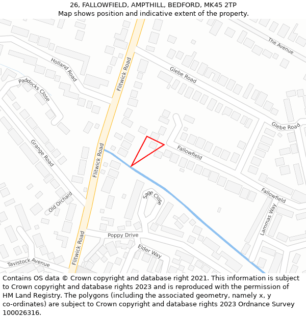 26, FALLOWFIELD, AMPTHILL, BEDFORD, MK45 2TP: Location map and indicative extent of plot