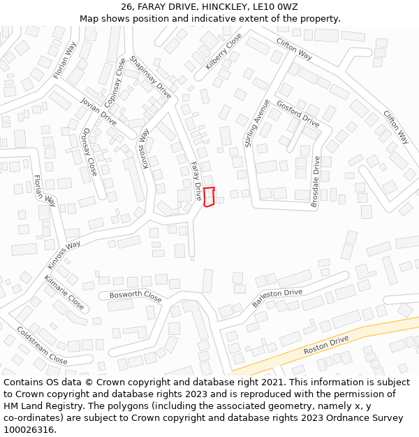 26, FARAY DRIVE, HINCKLEY, LE10 0WZ: Location map and indicative extent of plot