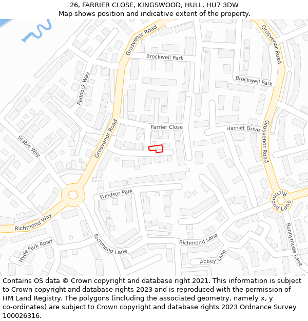 26, FARRIER CLOSE, KINGSWOOD, HULL, HU7 3DW: Location map and indicative extent of plot