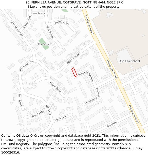 26, FERN LEA AVENUE, COTGRAVE, NOTTINGHAM, NG12 3PX: Location map and indicative extent of plot