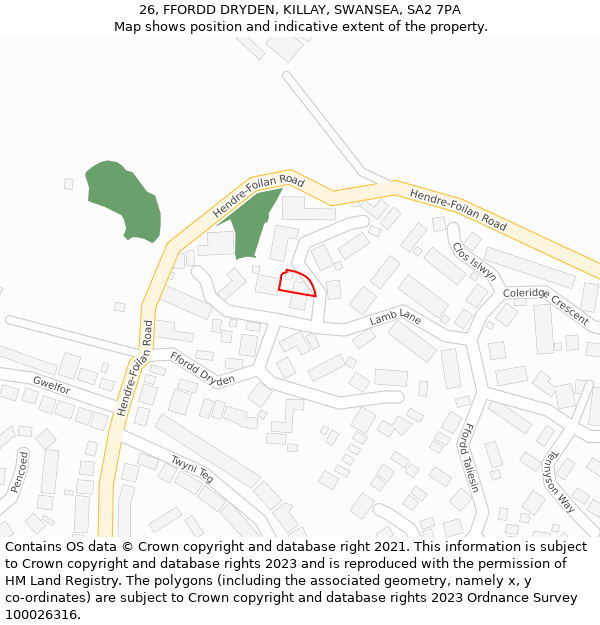 26, FFORDD DRYDEN, KILLAY, SWANSEA, SA2 7PA: Location map and indicative extent of plot