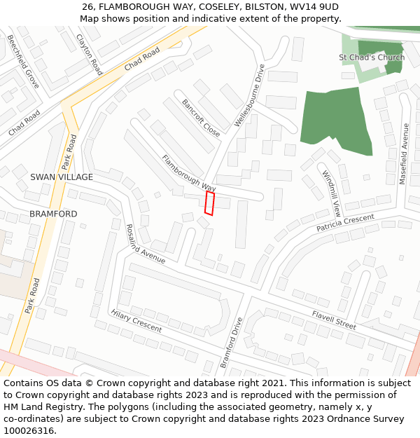 26, FLAMBOROUGH WAY, COSELEY, BILSTON, WV14 9UD: Location map and indicative extent of plot
