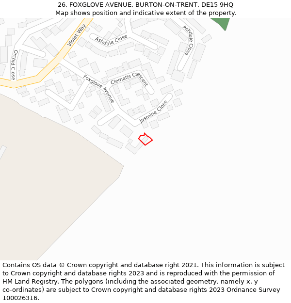 26, FOXGLOVE AVENUE, BURTON-ON-TRENT, DE15 9HQ: Location map and indicative extent of plot