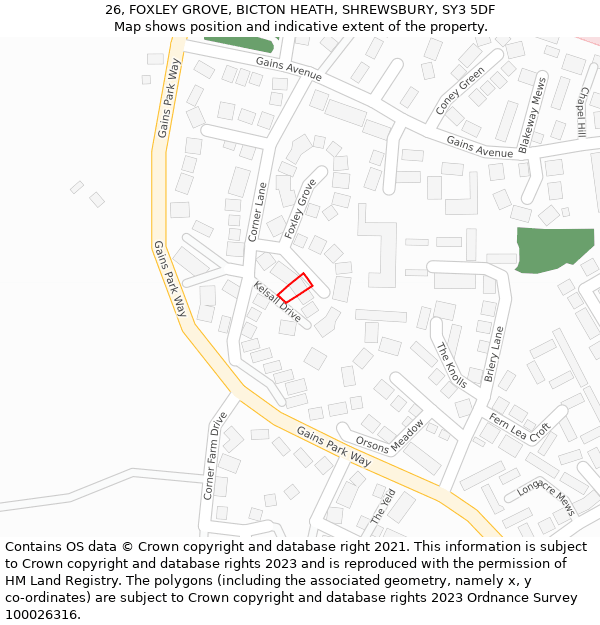 26, FOXLEY GROVE, BICTON HEATH, SHREWSBURY, SY3 5DF: Location map and indicative extent of plot