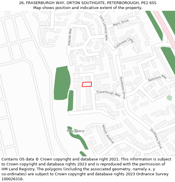 26, FRASERBURGH WAY, ORTON SOUTHGATE, PETERBOROUGH, PE2 6SS: Location map and indicative extent of plot
