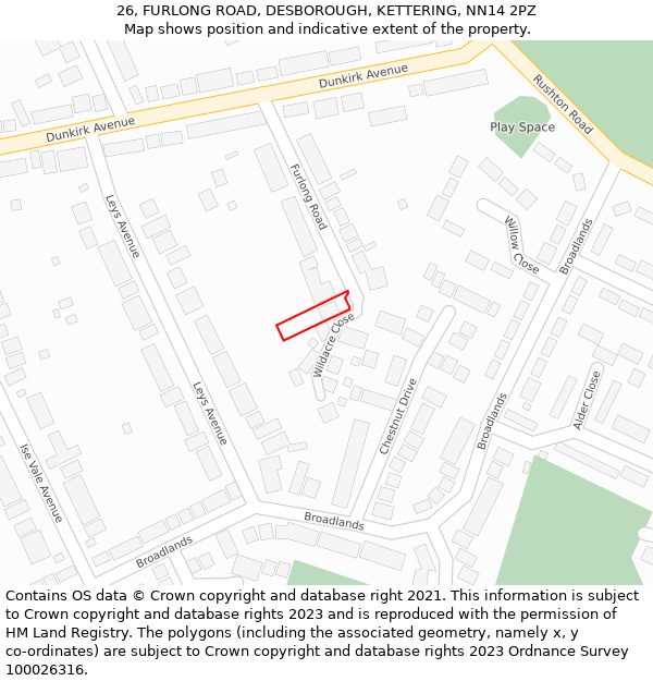 26, FURLONG ROAD, DESBOROUGH, KETTERING, NN14 2PZ: Location map and indicative extent of plot