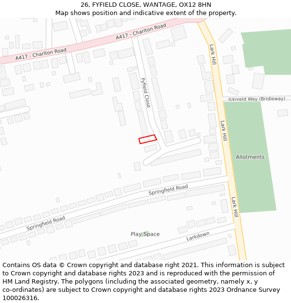 26, FYFIELD CLOSE, WANTAGE, OX12 8HN: Location map and indicative extent of plot