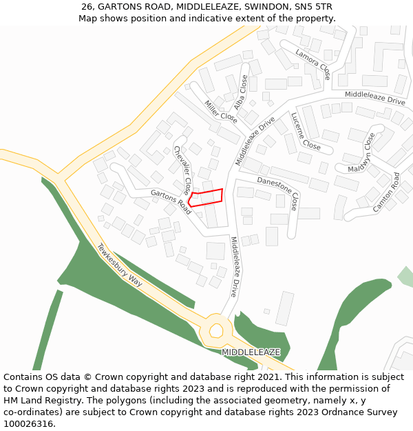 26, GARTONS ROAD, MIDDLELEAZE, SWINDON, SN5 5TR: Location map and indicative extent of plot