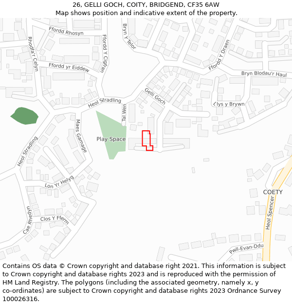 26, GELLI GOCH, COITY, BRIDGEND, CF35 6AW: Location map and indicative extent of plot