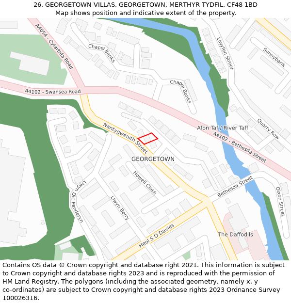 26, GEORGETOWN VILLAS, GEORGETOWN, MERTHYR TYDFIL, CF48 1BD: Location map and indicative extent of plot