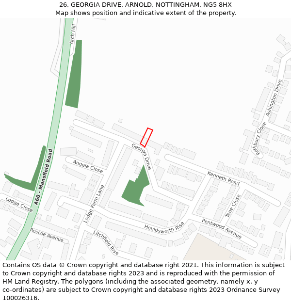 26, GEORGIA DRIVE, ARNOLD, NOTTINGHAM, NG5 8HX: Location map and indicative extent of plot