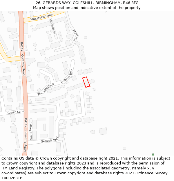 26, GERARDS WAY, COLESHILL, BIRMINGHAM, B46 3FG: Location map and indicative extent of plot