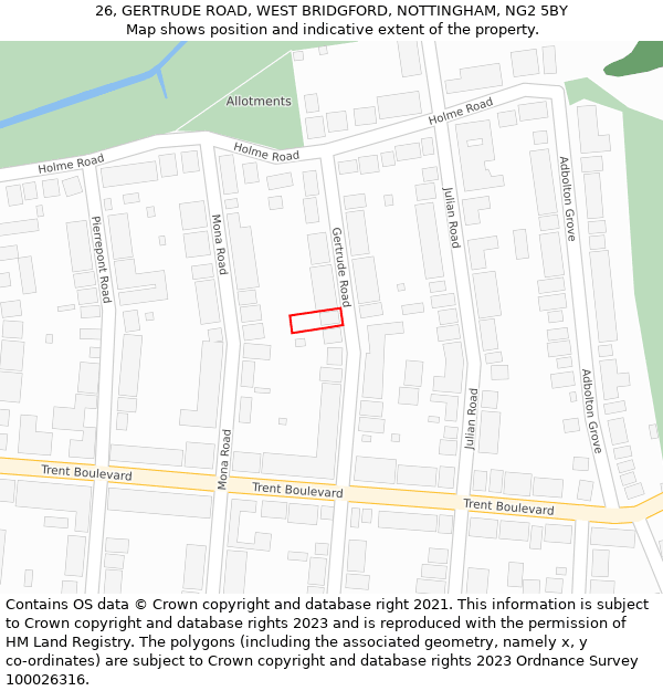 26, GERTRUDE ROAD, WEST BRIDGFORD, NOTTINGHAM, NG2 5BY: Location map and indicative extent of plot