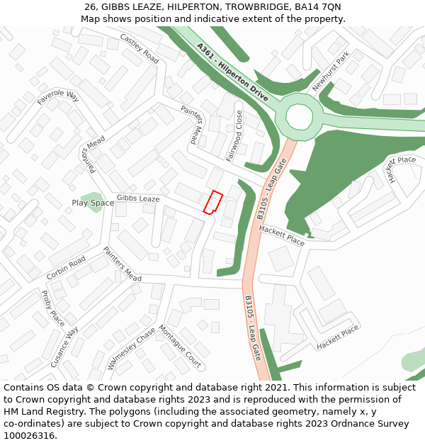 26, GIBBS LEAZE, HILPERTON, TROWBRIDGE, BA14 7QN: Location map and indicative extent of plot