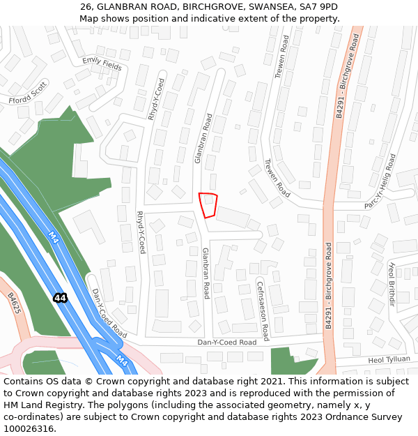 26, GLANBRAN ROAD, BIRCHGROVE, SWANSEA, SA7 9PD: Location map and indicative extent of plot