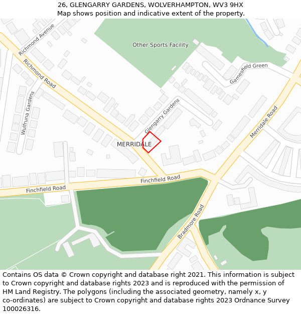 26, GLENGARRY GARDENS, WOLVERHAMPTON, WV3 9HX: Location map and indicative extent of plot