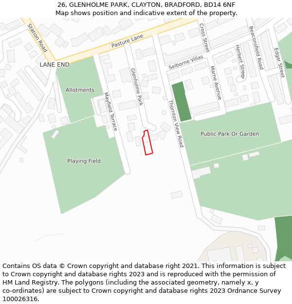 26, GLENHOLME PARK, CLAYTON, BRADFORD, BD14 6NF: Location map and indicative extent of plot