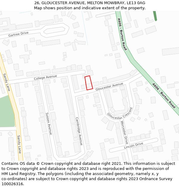 26, GLOUCESTER AVENUE, MELTON MOWBRAY, LE13 0AG: Location map and indicative extent of plot