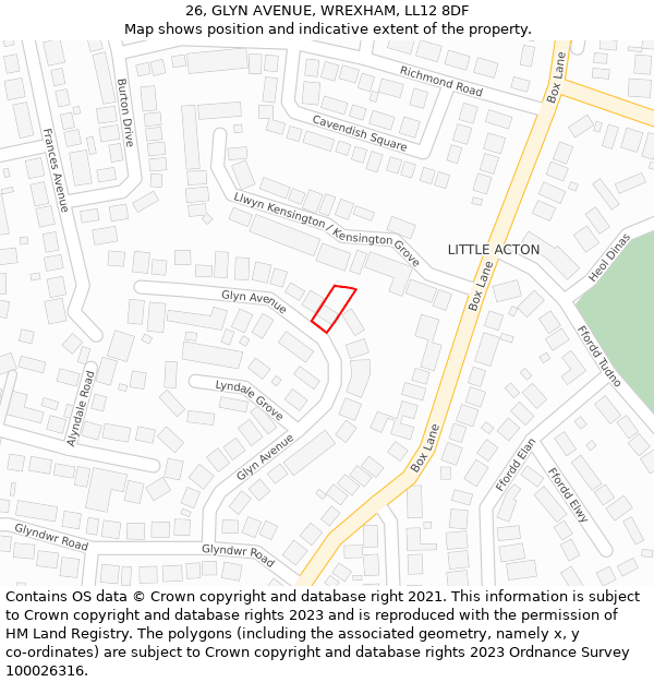 26, GLYN AVENUE, WREXHAM, LL12 8DF: Location map and indicative extent of plot