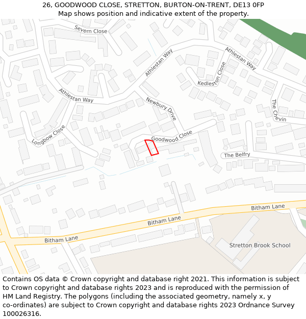 26, GOODWOOD CLOSE, STRETTON, BURTON-ON-TRENT, DE13 0FP: Location map and indicative extent of plot