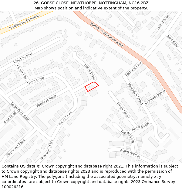 26, GORSE CLOSE, NEWTHORPE, NOTTINGHAM, NG16 2BZ: Location map and indicative extent of plot