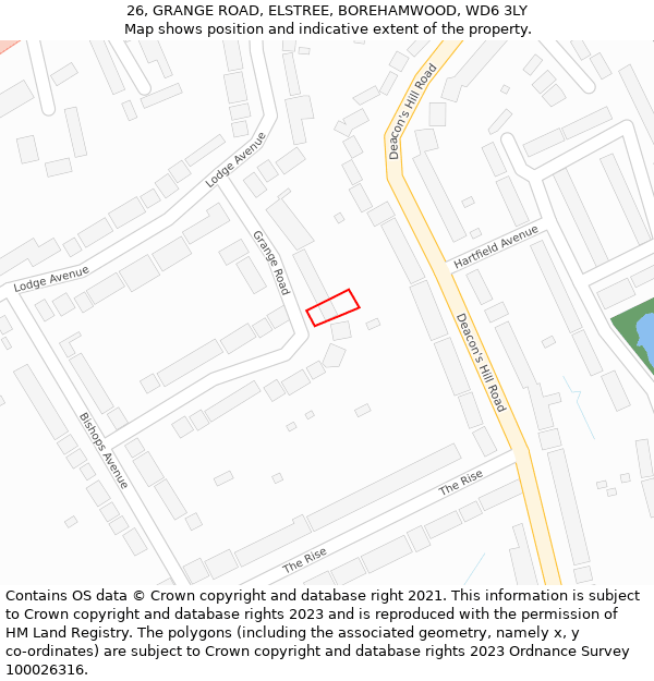 26, GRANGE ROAD, ELSTREE, BOREHAMWOOD, WD6 3LY: Location map and indicative extent of plot