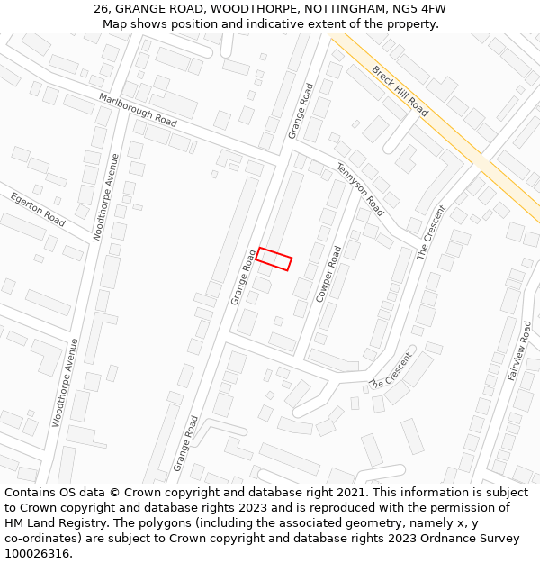 26, GRANGE ROAD, WOODTHORPE, NOTTINGHAM, NG5 4FW: Location map and indicative extent of plot