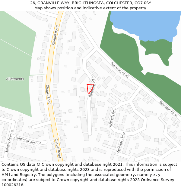 26, GRANVILLE WAY, BRIGHTLINGSEA, COLCHESTER, CO7 0SY: Location map and indicative extent of plot